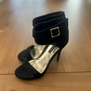 Black suede heels, size 7, back zipper & buckle detail
